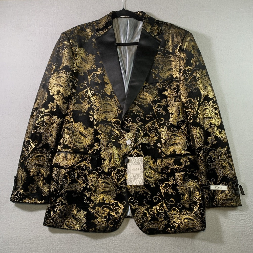 VINCI Men's Gold & Black Paisley Embossed Modern Fit Tuxedo Dinner Jacket NEW XL